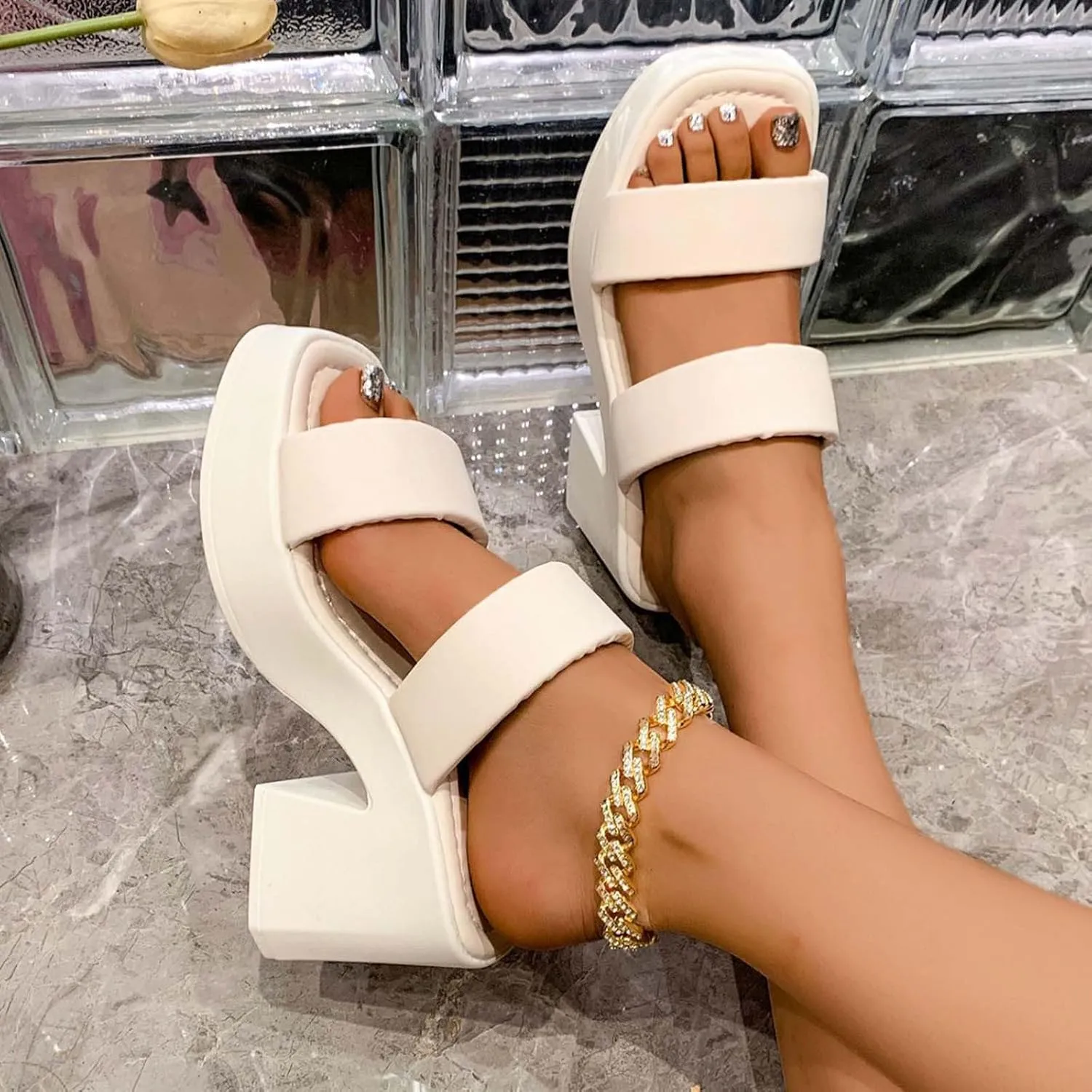 Women's Square Toe Two Strap High Heeled Sandals Chunky Platform Heels for Ladies Summer Comfort Slip on Block Heels