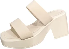 Women's Square Toe Two Strap High Heeled Sandals Chunky Platform Heels for Ladies Summer Comfort Slip on Block Heels
